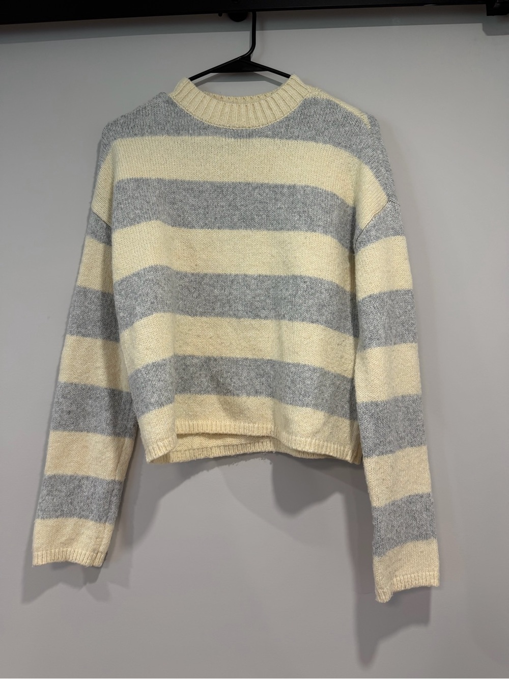 La Hearts Cream and Light Gray Striped Crewneck Sweater